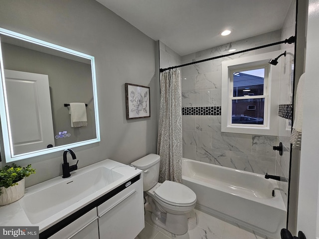 full bathroom with vanity, toilet, and shower / bathtub combination with curtain