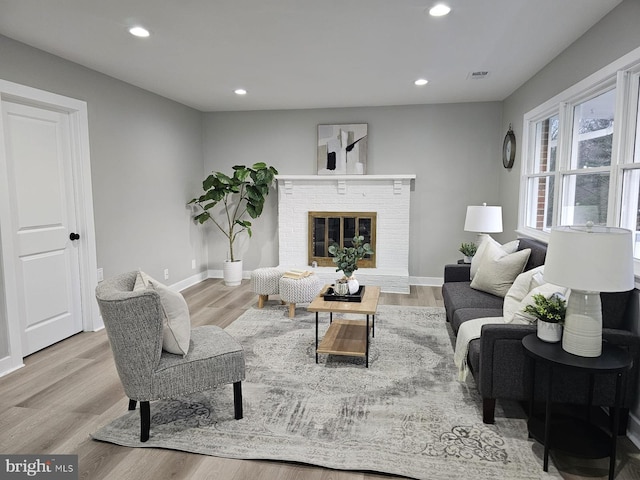 living room with a fireplace and light hardwood / wood-style flooring