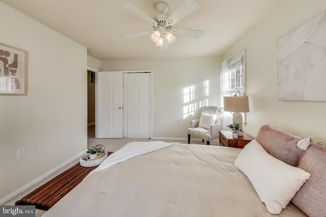 bedroom with ceiling fan and a closet