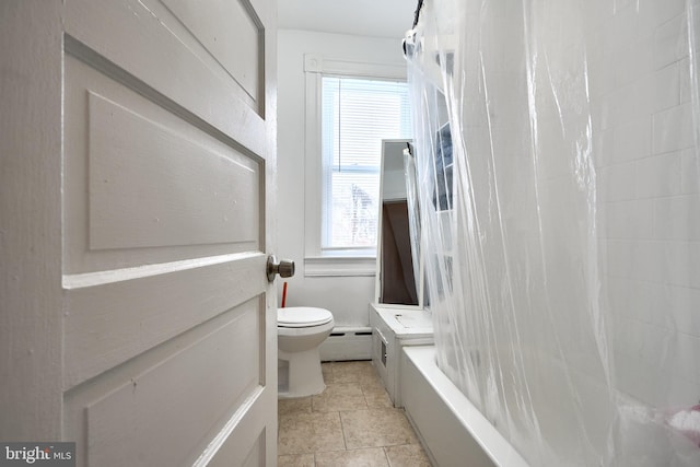 bathroom featuring toilet, tile patterned flooring, shower / tub combo, and a baseboard heating unit