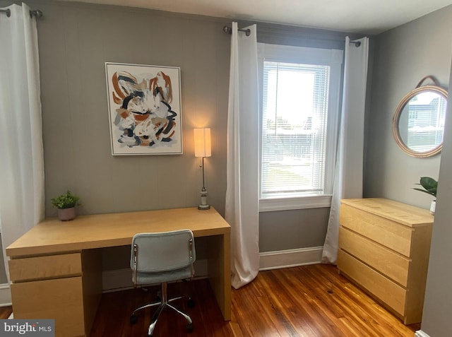 office area featuring dark hardwood / wood-style flooring and built in desk