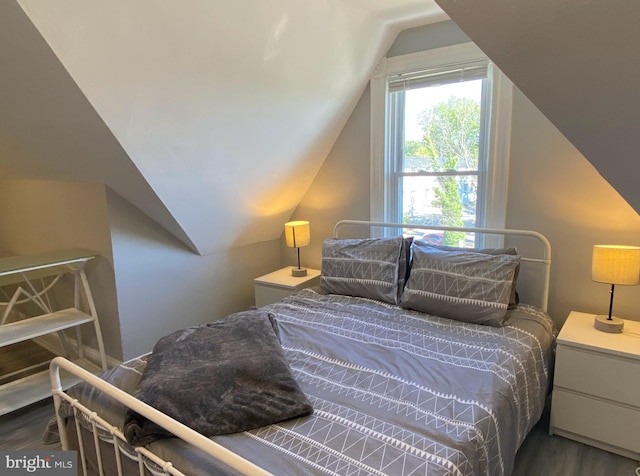 bedroom with dark hardwood / wood-style floors and vaulted ceiling