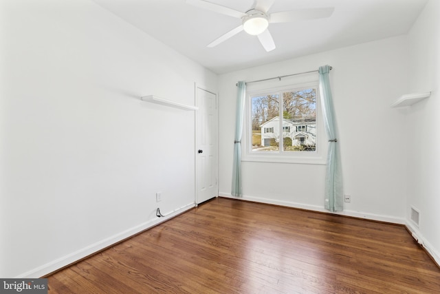 empty room featuring ceiling fan and dark hardwood / wood-style floors