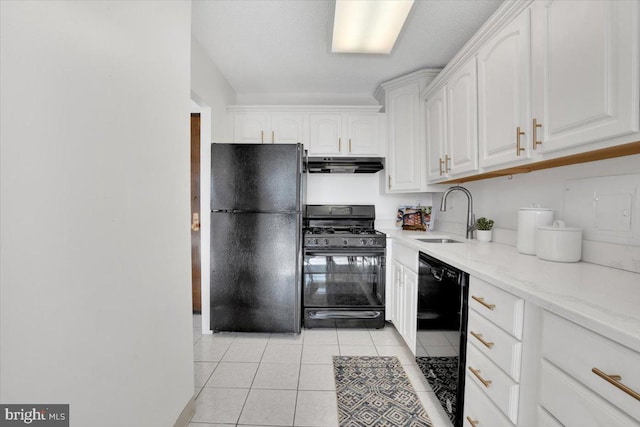 kitchen featuring light tile patterned floors, sink, white cabinets, and black appliances