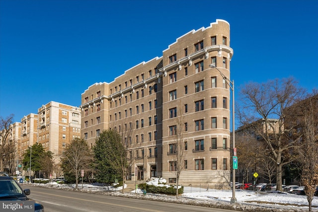 view of snow covered building