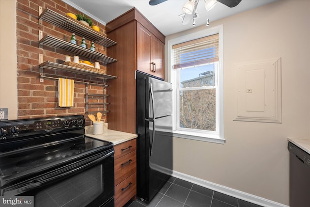 kitchen featuring refrigerator, stainless steel dishwasher, black range with electric cooktop, dark tile patterned floors, and electric panel