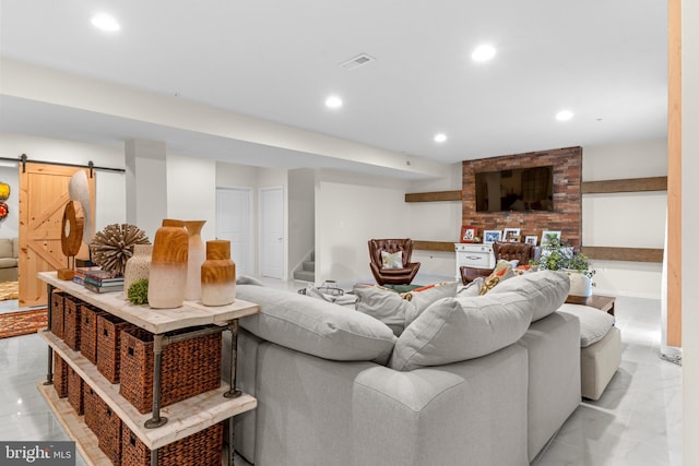 living room with a barn door