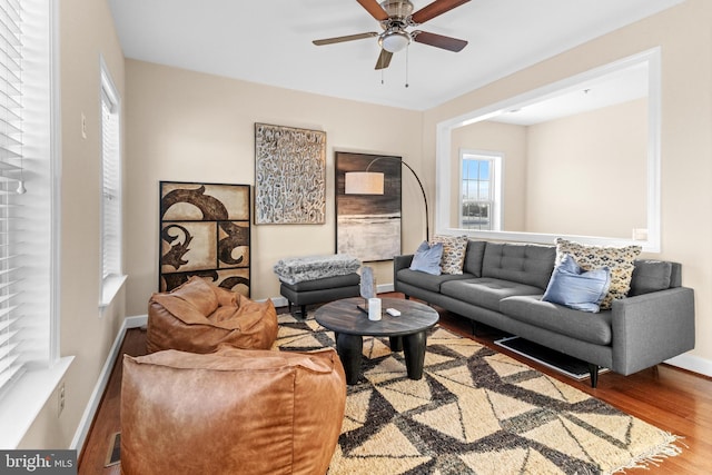 living room featuring ceiling fan and hardwood / wood-style floors