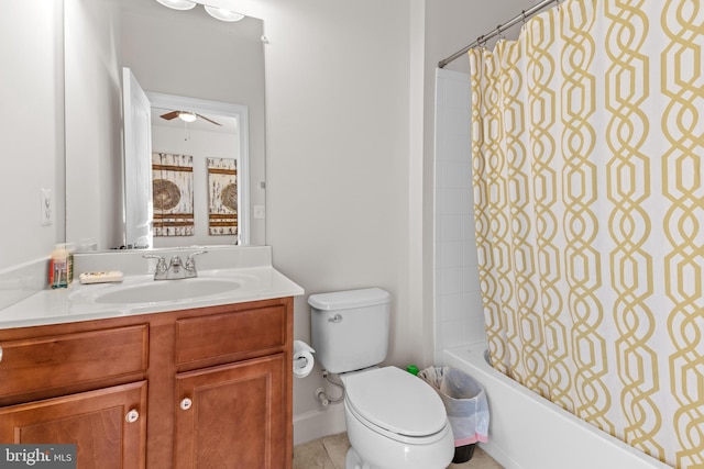 full bathroom with toilet, vanity, shower / bath combination with curtain, ceiling fan, and tile patterned flooring