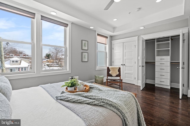 bedroom featuring dark hardwood / wood-style floors, a raised ceiling, and ceiling fan