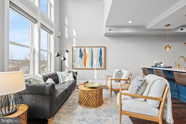 living room featuring hardwood / wood-style flooring, ornamental molding, a healthy amount of sunlight, and a towering ceiling