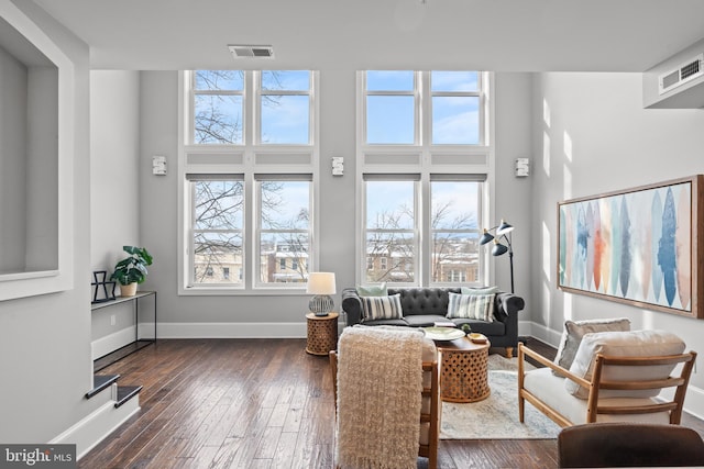 living room featuring a towering ceiling and dark wood-type flooring