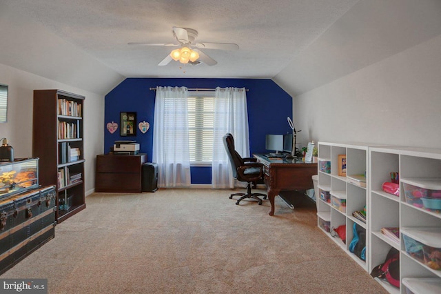 office space featuring a textured ceiling, carpet floors, and lofted ceiling