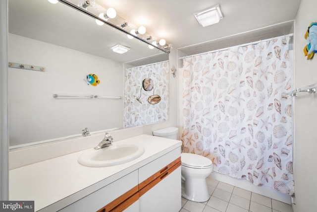 bathroom with tile patterned flooring, vanity, and toilet