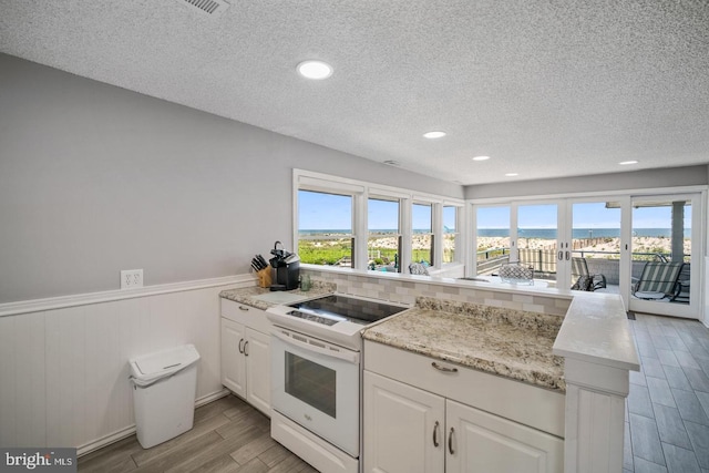 kitchen with white cabinetry, electric range, a healthy amount of sunlight, and a textured ceiling