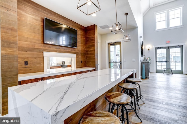 kitchen with a healthy amount of sunlight, french doors, light wood finished floors, and light stone countertops