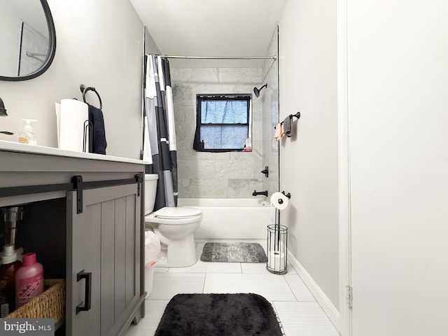 full bathroom with vanity, tile patterned flooring, toilet, and shower / bath combination with curtain