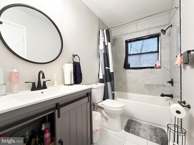 full bathroom with toilet, tile patterned flooring, shower / bathtub combination with curtain, and vanity