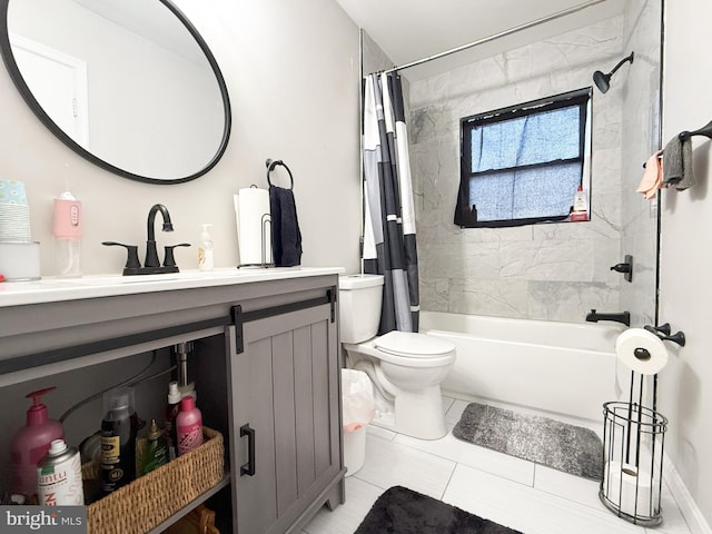 full bathroom with shower / bathtub combination with curtain, tile patterned flooring, vanity, and toilet