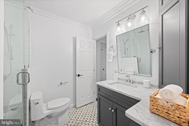 2518 S Walter Reed Dr Unit B, Arlington, VA 22206 - full bathroom with crown molding, a stall shower, vanity, toilet, and tile patterned floors