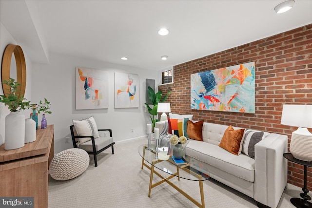 2518 S Walter Reed Dr Unit B, Arlington, VA 22206 - living room with brick wall, carpet floors, recessed lighting, baseboards, and an accent wall