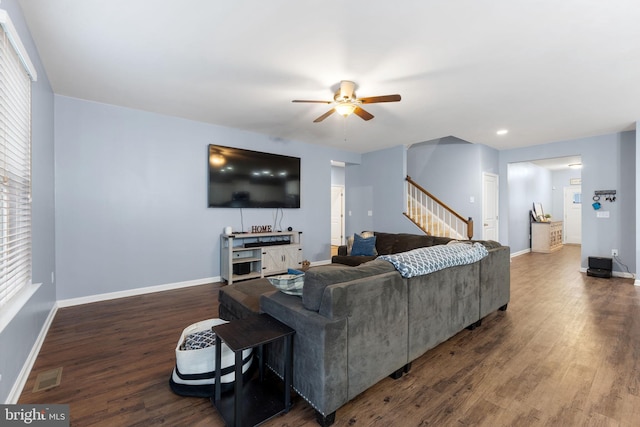 living room featuring ceiling fan, a wealth of natural light, and dark hardwood / wood-style flooring