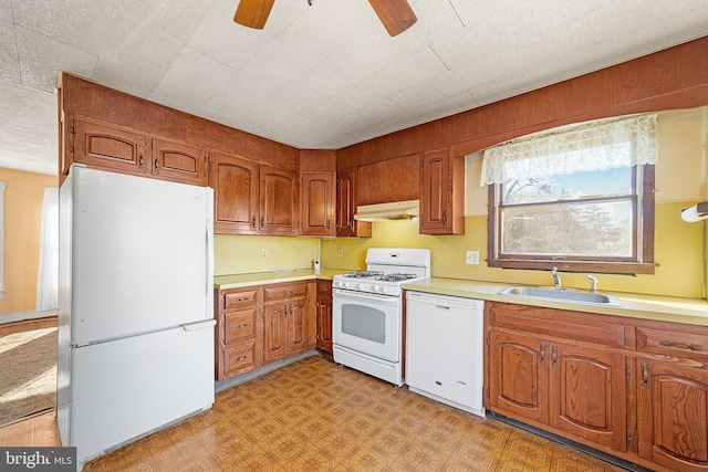 kitchen featuring ceiling fan, white appliances, and sink