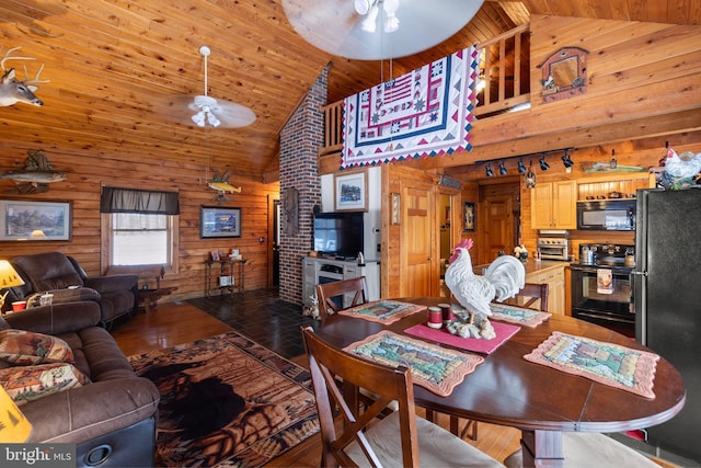 dining space featuring hardwood / wood-style floors, ceiling fan, wood walls, and high vaulted ceiling