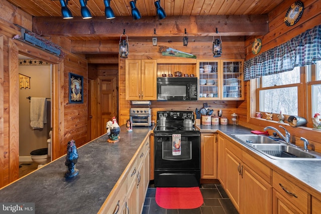 kitchen featuring wooden walls, sink, beamed ceiling, and black appliances