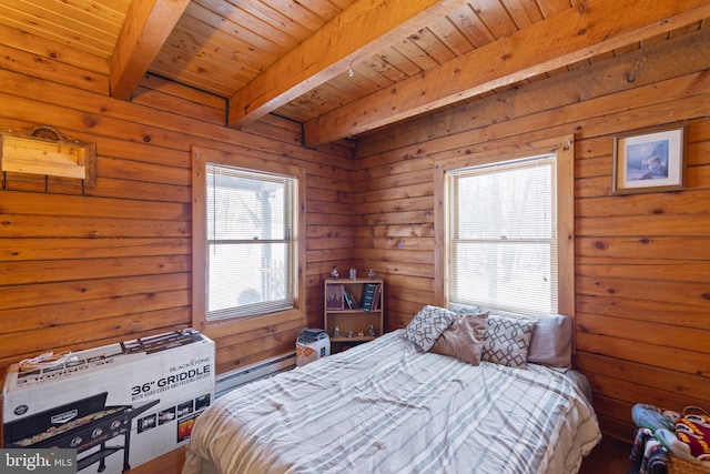 bedroom with beam ceiling, wood ceiling, and baseboard heating