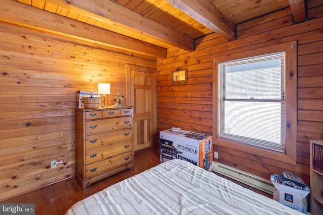 bedroom featuring beamed ceiling, wooden ceiling, multiple windows, and a baseboard heating unit