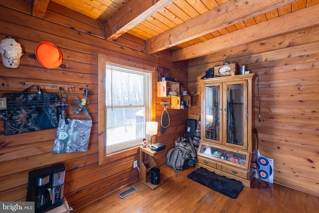 interior space featuring beam ceiling, wooden ceiling, a healthy amount of sunlight, and wood walls