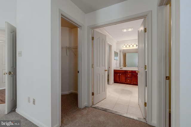 hall featuring ornamental molding and light carpet