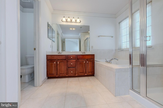 full bathroom featuring shower with separate bathtub, tile patterned flooring, vanity, toilet, and crown molding