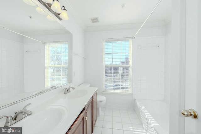 full bathroom featuring ornamental molding, plenty of natural light, vanity, and toilet