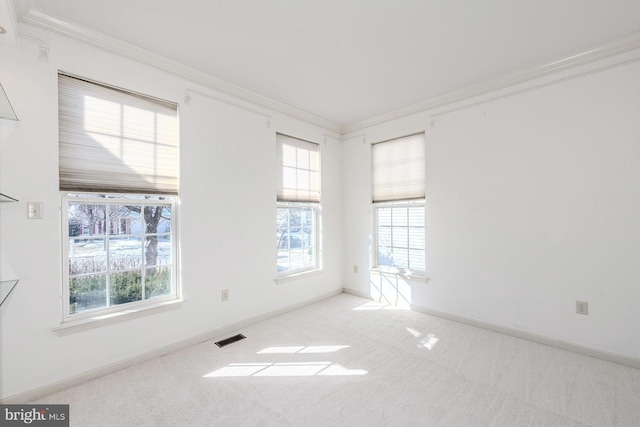 empty room featuring crown molding and light colored carpet