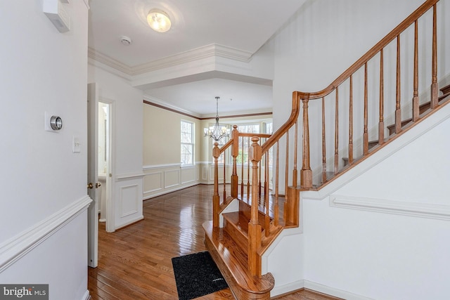 foyer with crown molding, wood-type flooring, and a chandelier