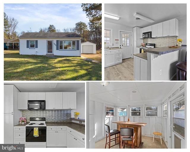 kitchen featuring kitchen peninsula, white cabinetry, white electric range oven, and electric range oven