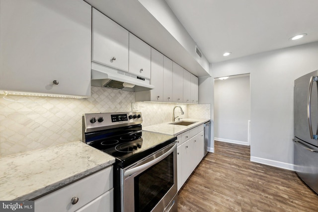 kitchen featuring tasteful backsplash, stainless steel appliances, dark hardwood / wood-style flooring, white cabinets, and sink