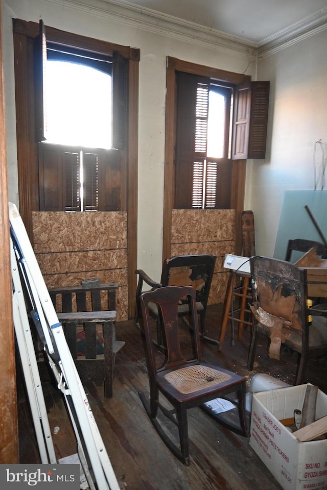 misc room with hardwood / wood-style flooring and crown molding