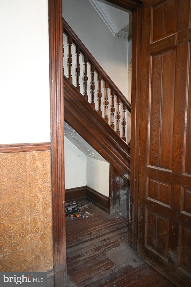 stairway with hardwood / wood-style floors and crown molding