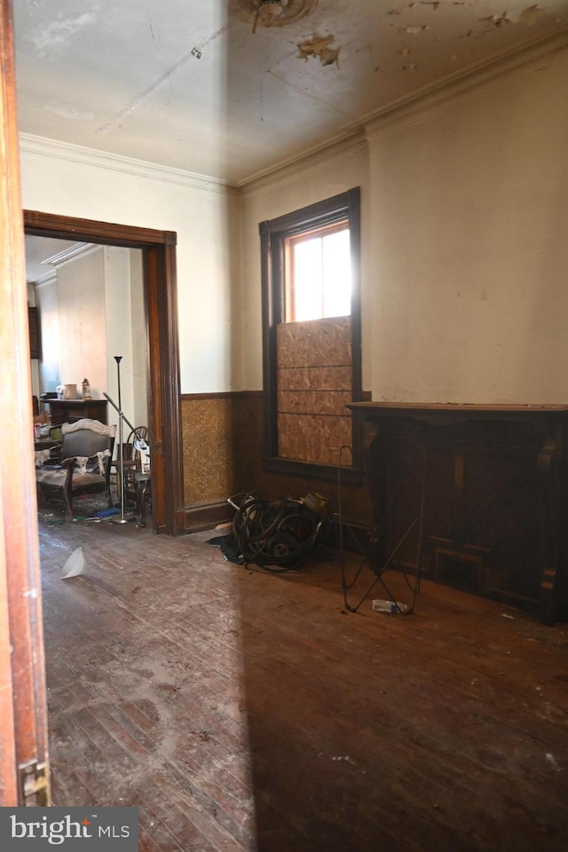 hallway featuring wood-type flooring and crown molding