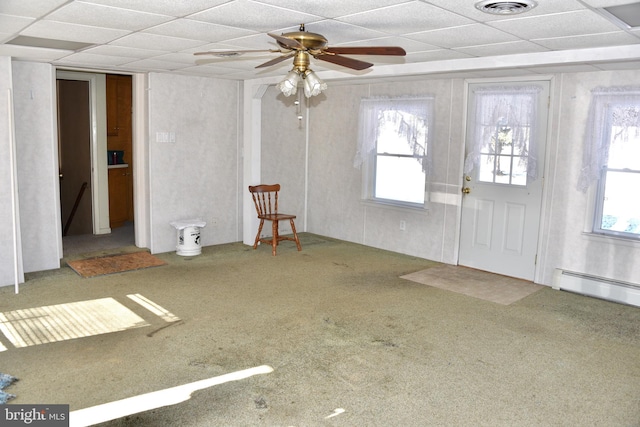 entryway featuring carpet, ceiling fan, a paneled ceiling, and baseboard heating