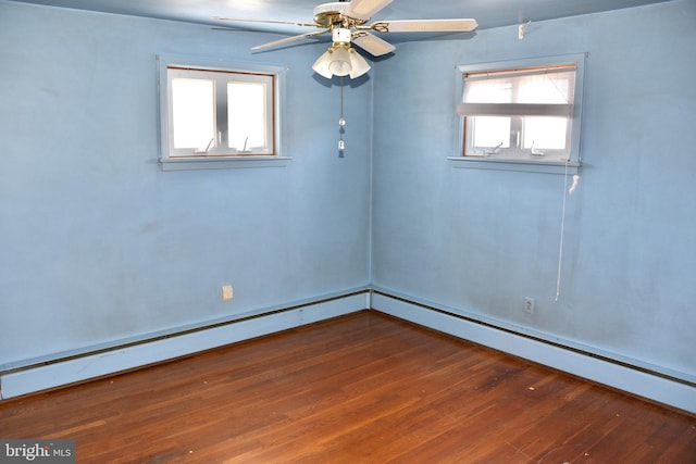 unfurnished room featuring hardwood / wood-style flooring, ceiling fan, a healthy amount of sunlight, and baseboard heating