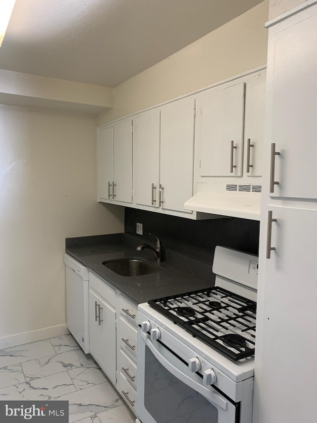 kitchen featuring white cabinets, white appliances, sink, and exhaust hood