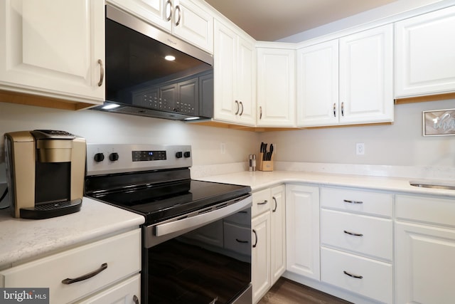 kitchen with white cabinets, stainless steel appliances, and hardwood / wood-style flooring