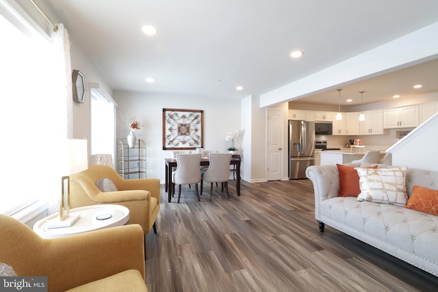 living room with dark hardwood / wood-style flooring