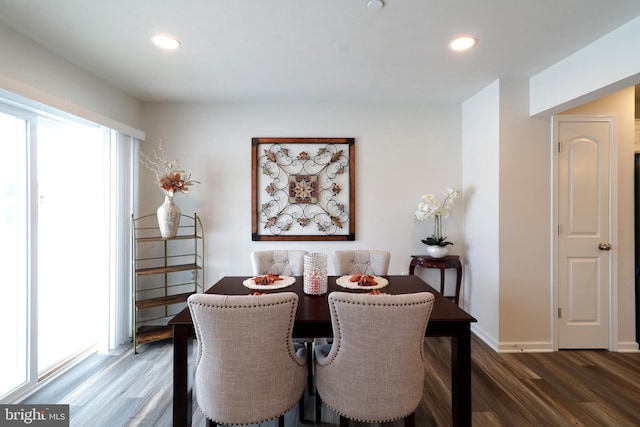 dining area featuring dark wood-type flooring