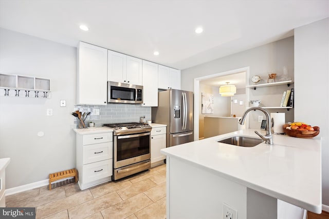 kitchen featuring white cabinets, sink, tasteful backsplash, kitchen peninsula, and stainless steel appliances