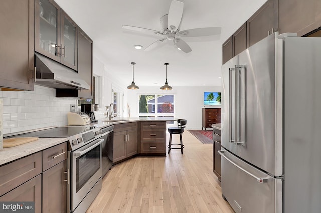 kitchen with appliances with stainless steel finishes, under cabinet range hood, a peninsula, a sink, and light wood-style floors